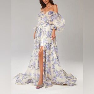 Milla Hydrangea Elegant floral puff sleeve maxi dress